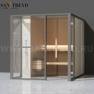 Effegibi LOGICAFILO S LO21010002 Сауна. Установка: к стене. Левая дверь. Мощность: 6 кВт макс. Размеры: длина 214 см, ширина 250 см. Отделка: канадский хемлок, матовый лакированный серый аллюминий и бежевый ламинат из керамогранита.