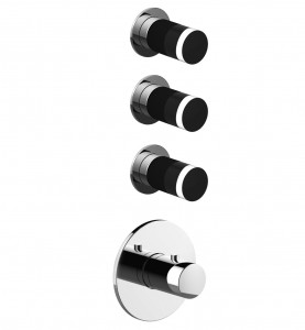 S303SB+6003A  Термостатический встраиваемый смеситель для душа, 3/4''3 выпуска 3/4'' без ручек наружная часть включает ручку регулировки температуры впуски 3/4'' Звукоизолированные ручки заказываются отдельно, см. раздел ''Ручки'' Fantini Rubinetti NICE