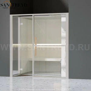Effegibi LOGICAFILO H LO31020009 Хаммам. Установка: в нишу. Правая дверь. Мощность: 4,5 кВт макс. Размеры: длина 214 см, ширина 250 см. Отделка: матовый лакированный белый аллюминий и серый ламинат из керамогранита.