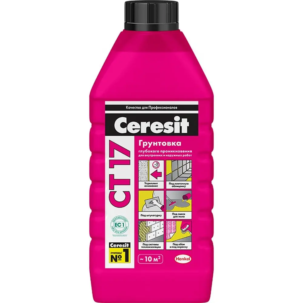 Грунтовка для впитывающих оснований Ceresit CT 17/1, 1 л ЦЕРЕЗИТ STLM-2185512