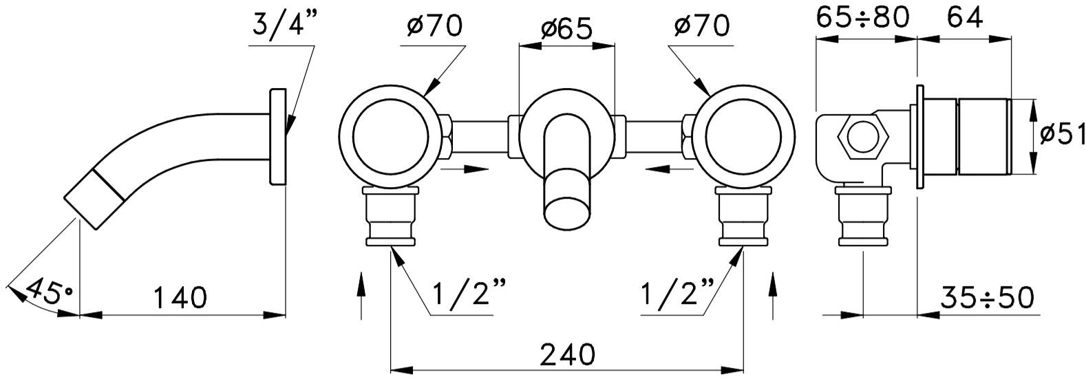 RUBINETTERIE STELLA Смеситель для ванны настенный на 3 отверстия Bamboo sun-id-1385895 - Вид №1