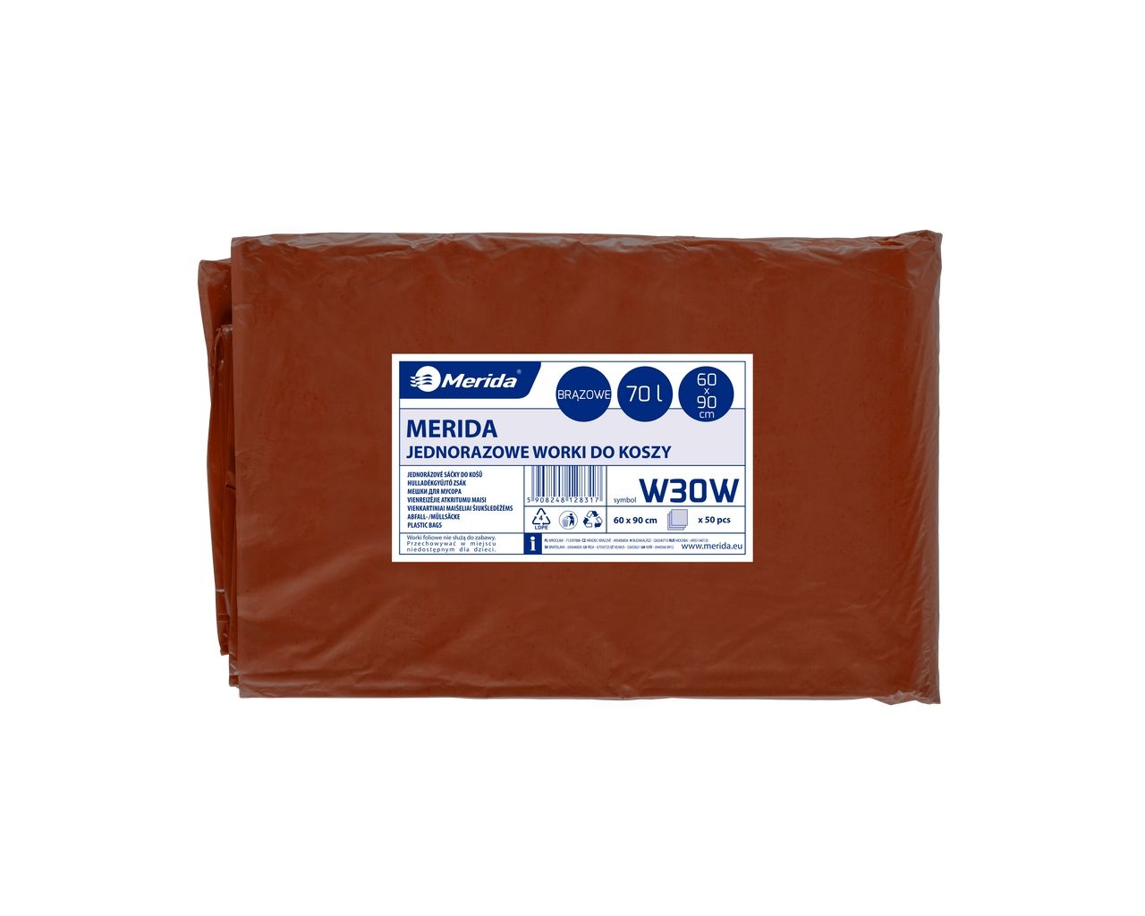 W30W Одноразовые мешки для мусора, 60 x 90 см, вместимость 70 л, 50 шт. в упаковке, КОРИЧНЕВЫЕ, LDPE Merida 