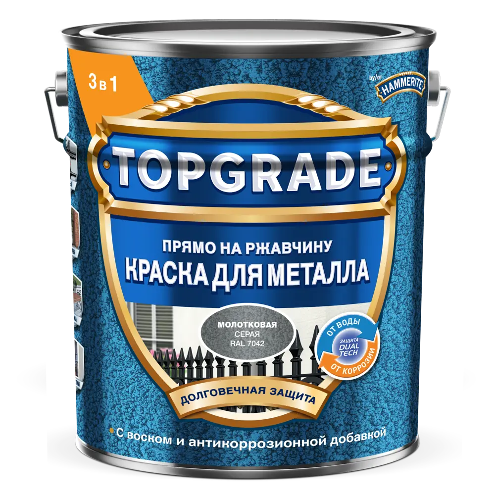 Грунт-эмаль по металлу 3 в 1 Topgrade молотковая цвет серый 5 л STLM-2116261