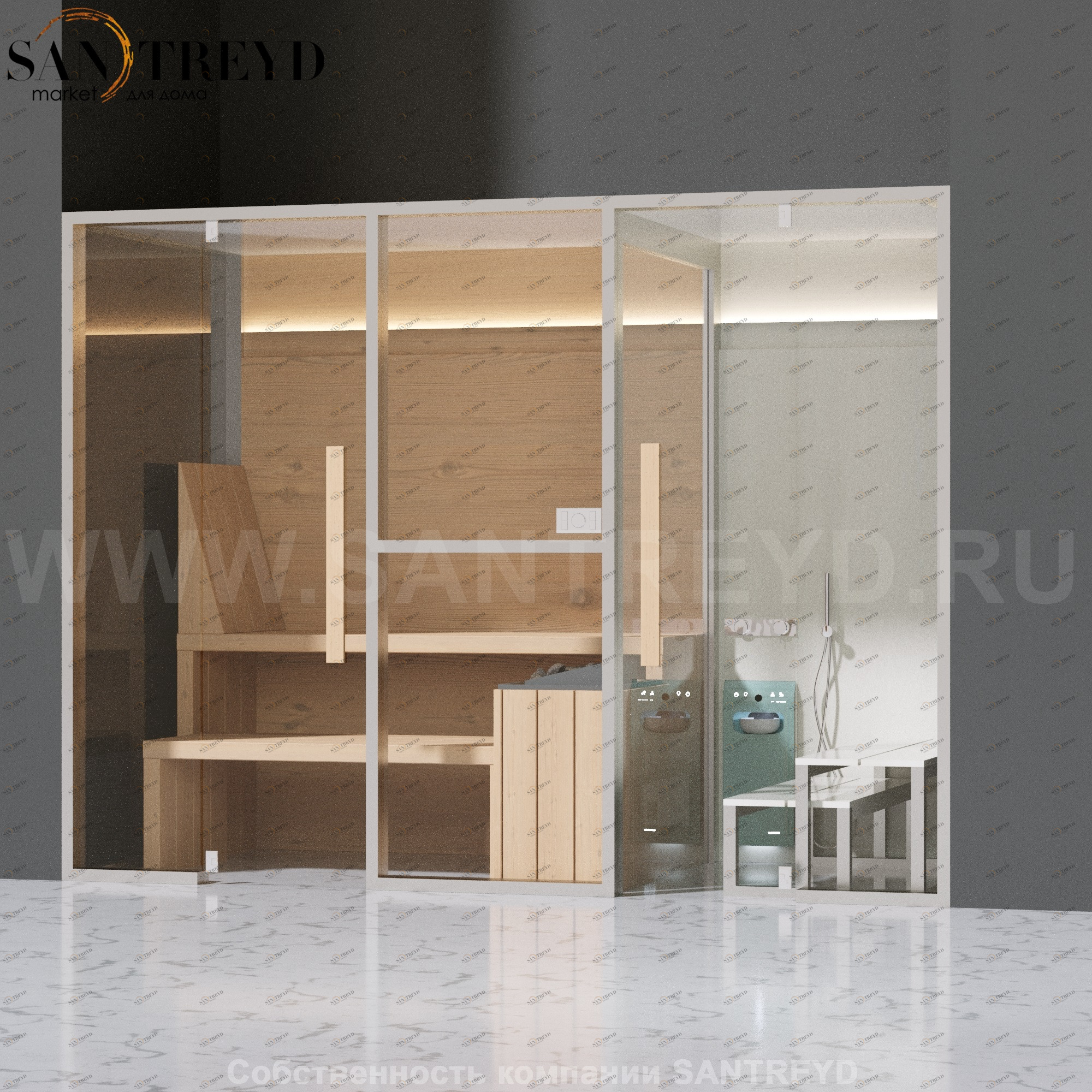 Effegibi MIDFILO LO71020004 Комбинированная баня: хаммам - душ и сауна. Установка: в нишу. Мощность: 11 кВт макс. Размеры: длина 300 см, ширина 137 см. Отделка: канадский хемлок, матовый лакированный коричневый аллюминий и темный ламинат из керамогранита.