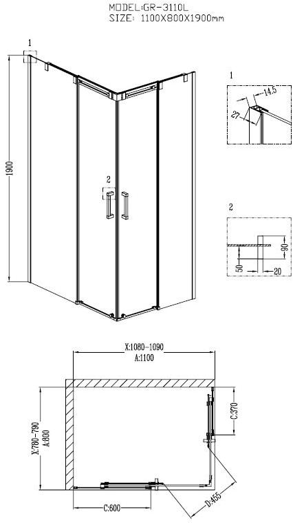 Душевое ограждение GROSSMAN GR-3110L Galaxy 110*80*190 прямоугольник, двери раздвижные - Вид №1