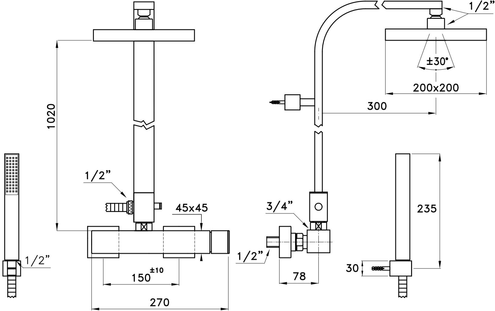 RUBINETTERIE STELLA Душевая стойка с ручным душем Bamboo quadro Bq02423; bq02424 - Вид №3