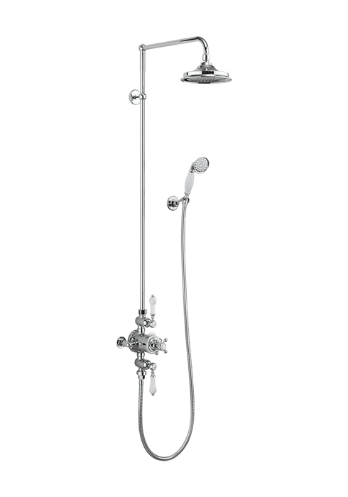 Burlington Термостатический душевой клапан Avon открытого типа с двойным выходом, жесткий стояк, поворотный держатель для душа, трубка и держатель со шлангом с розеткой Хром с акцентом Медичи и 9-дюймовой розой BAF3S MED_V17 