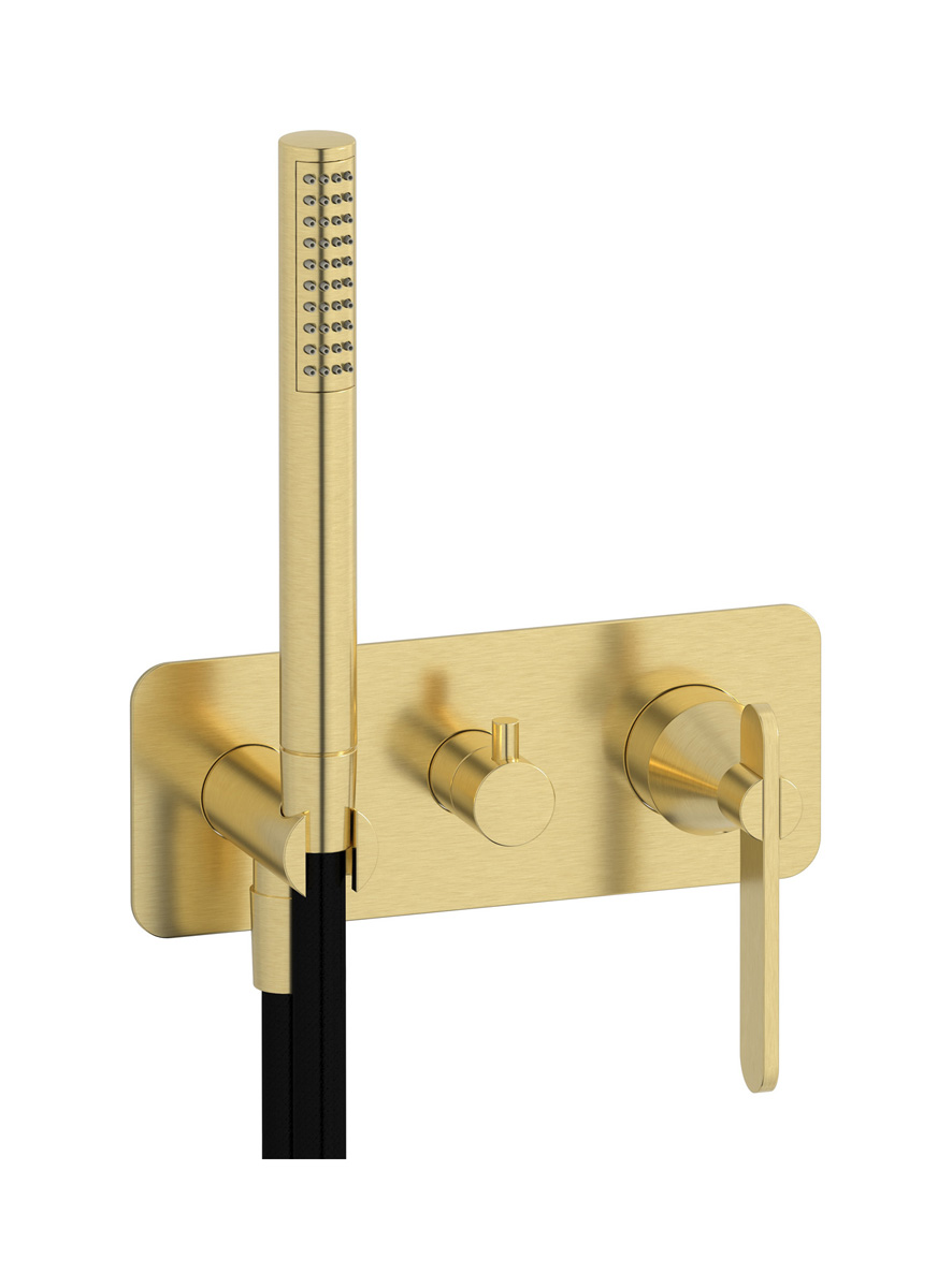 Внешние части встроенного в стену смесителя на 2 потребителя в комплекте с душевым гарнитуром. WE ARE IB ol207ss Brushed Pale Gold Soho