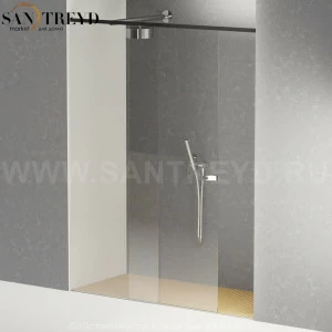 Душевое ограждение FLAT D подрезаемое, стеклянная нишевая с подвижной дверью экстрапрозрачная перегородка с держателем со встроенным соплом для установки верхнего душа с поддоном из светлого дуба. Размеры: глубина от 70 до 100 см, длина от 180 до 240 см