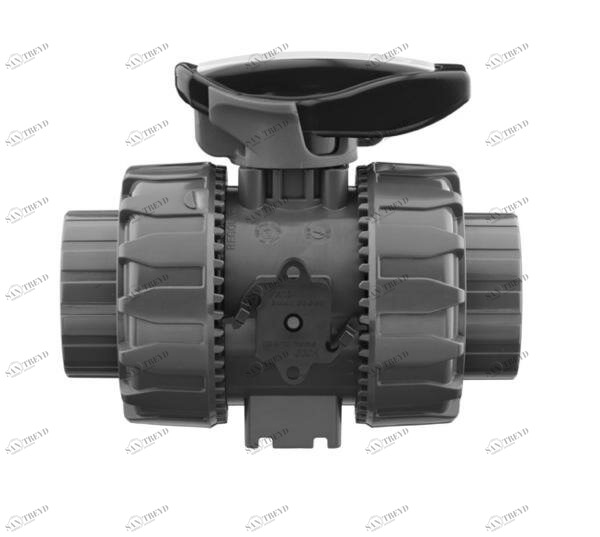 SANIT 227453020300050 2-ходовой шаровой кран d 16-63, ВКД DualBlock®, PVC-U, клей рукав, безопасность рычаг 