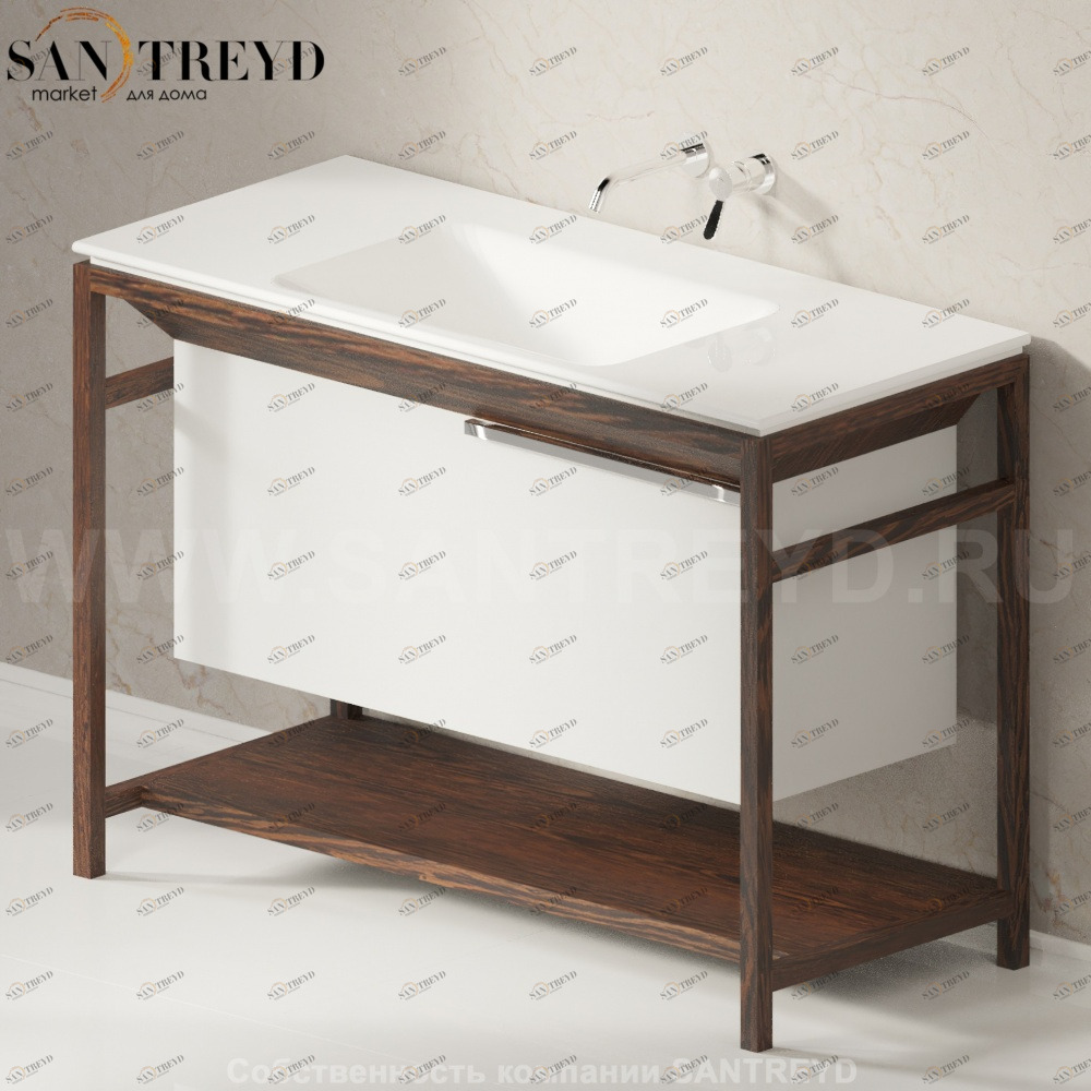 Раковина столешница с деревянной консолью коричневый дуб OTTOCENTO XL центр белая Agape AMXL121C0RU