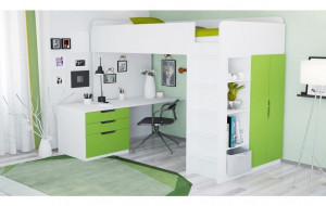 vpk-0001447.6 Кровать-чердак Polini kids Simple с письменным столом и шкафом, белый-лайм ВПК (Тополь)