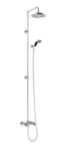 Burlington Eden Термостатический открытый душевой клапан с двойным выпускным отверстием, с удлиненным жестким стояком и поворотным держателем для душа с розеткой с черным акцентом и 9-дюймовой розой BEF2S.EXT BLA V17