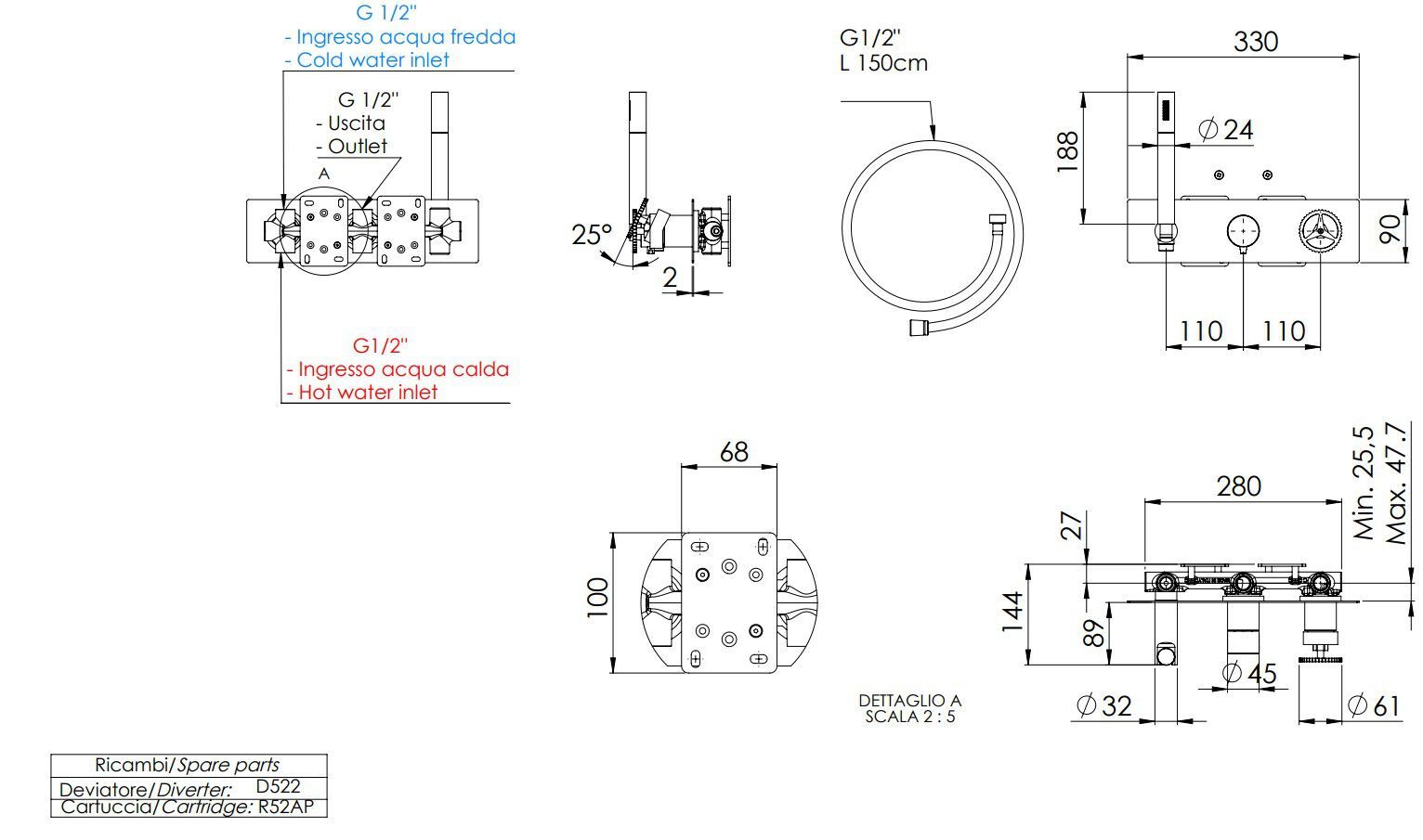 Однорычажный смеситель для душа с ручным душем Remer Rubinetterie Chrono ARCH-00055226 - Вид №2