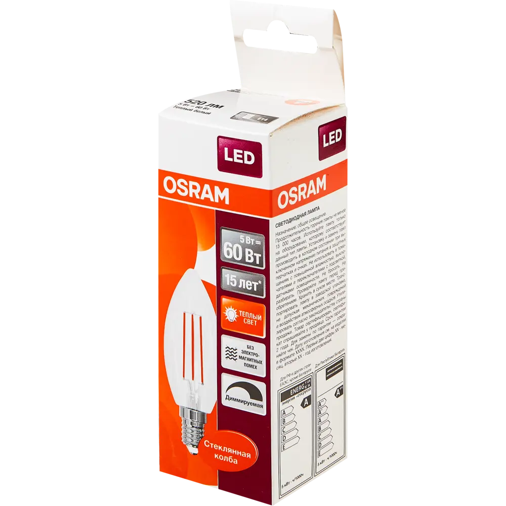 Лампа светодиодная филаментная Osram E14 220 В 5 Вт свеча прозрачная 520 лм тёплый белый свет, для диммера STLM-2046185 - Вид №4