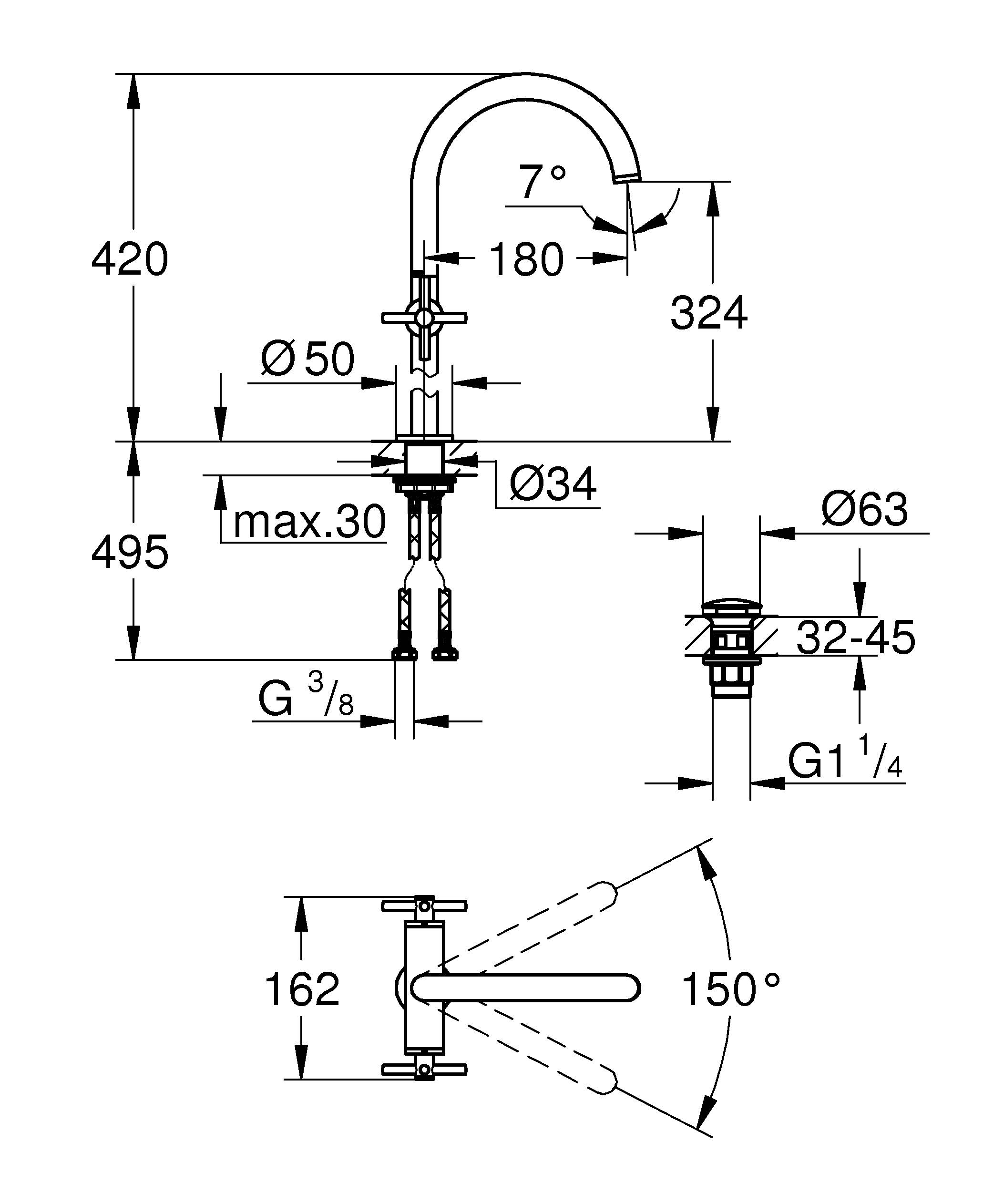 Смеситель GROHE Atrio New двухвентильный для раковины на 1 отверстие, хром (21044003) - Вид №1