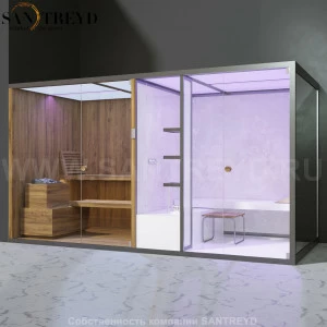 Effegibi BODYLOVE SH BL40210005 Фронтальная комбинированная баня: хаммам и сауна. Установка: в левый угол. Мощность: 15 кВт макс. Размеры: длина 393 см, ширина 176 см. Отделка: термообработанная древесина, светлый керамогранит и зеркало.