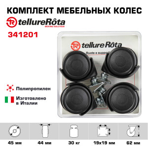 90765233 Комплект мебельных колес 341201 из 4-х поворотных опор диаметр 45 мм грузоподъемность 30 кг полипропилен STLM-0373810 TELLURE ROTA