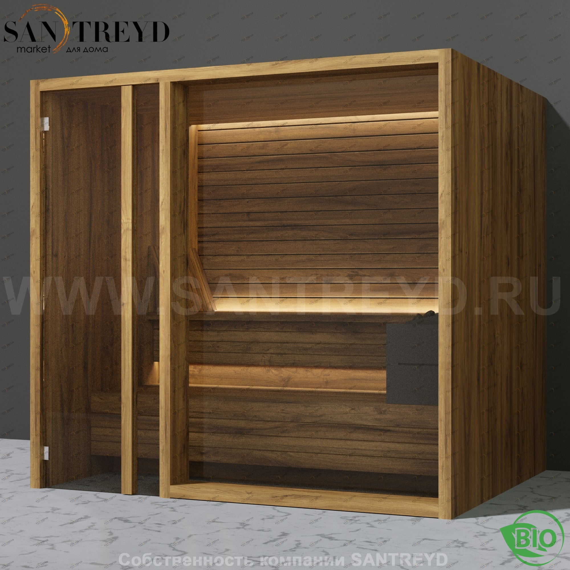 Effegibi YOKU.G105 BI.70300006 Био-сауна с левой дверью. Мощность: 12 кВт макс. Размеры: длина 230 см, ширина 200 см. Отделка: термообработанное дерево BI70300006