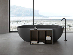 Овальная ванна в центре комнаты в акуле с книжным шкафом