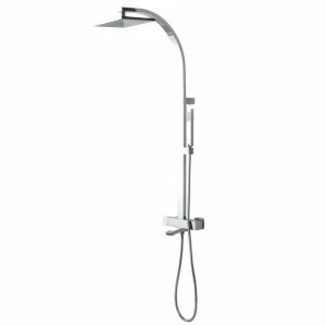 Термостатическая душевая стойка со встроенным восковым термоэлементом, изливом, насадкой для душа, штангой с держателем для ручного душа, ручным душем и дополнительным ручным душем JOY. Соединения 1/2 "и расстояние между ними 150 ± 15 мм. Включает обратны