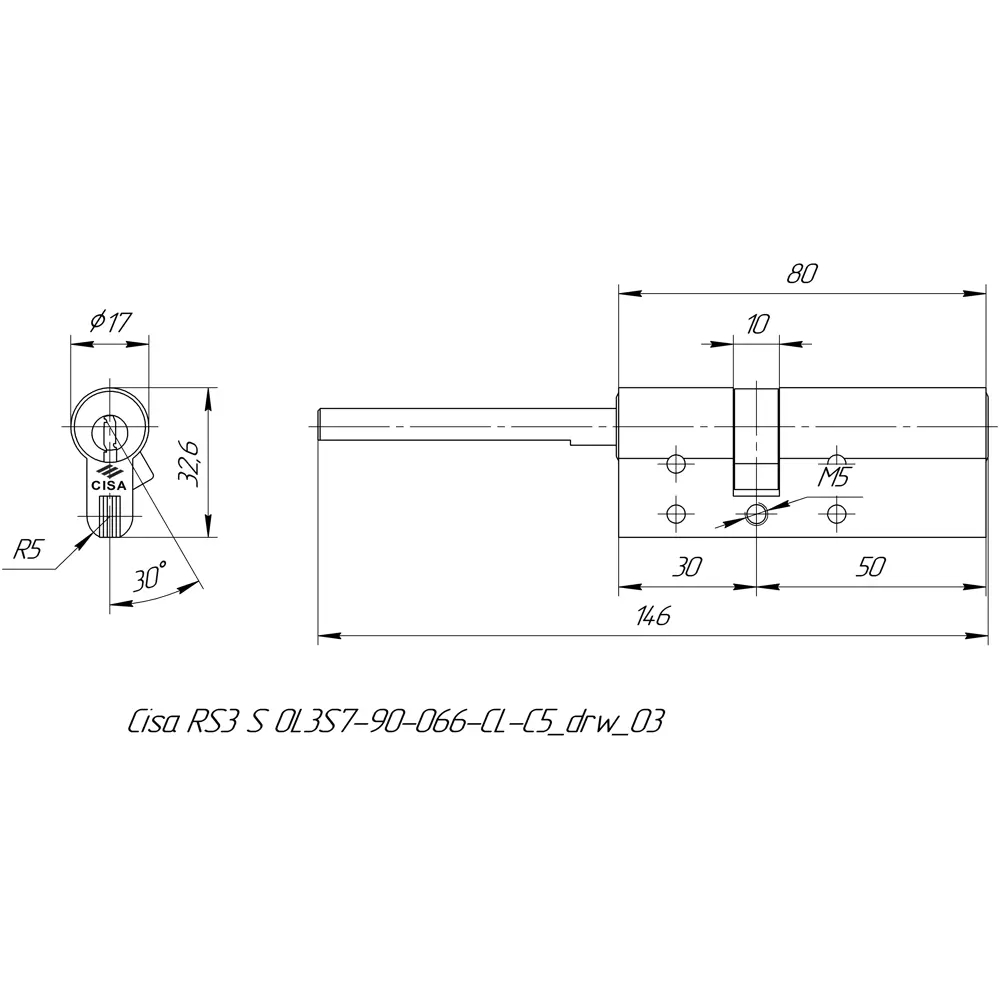 Цилиндр Cisa RS3 OL3S7-90.66, 45x10x25 мм, ключ/шток, цвет латунь, без вертушки STLM-2051998 - Вид №4