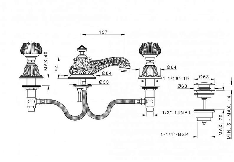 Bronces Mestre Нажмите для мойки на 3 отверстия из хромированной латуни Versailles 230401.a030.50 - Вид №1