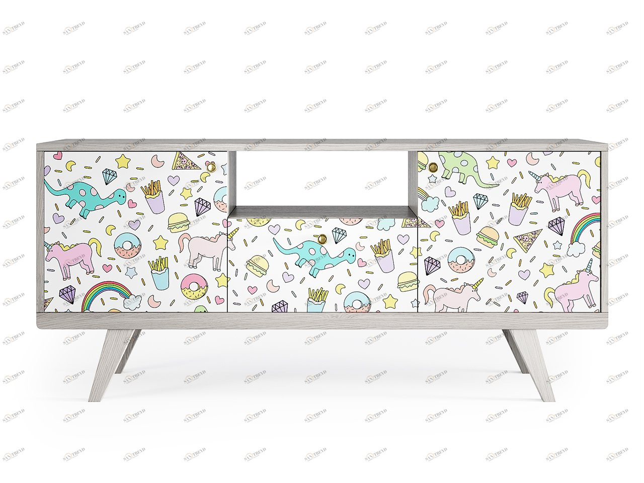 Тумба под телевизор с ящиком беленый дуб с принтом Thimon THE IDEA  210227 Белый;разноцветный 