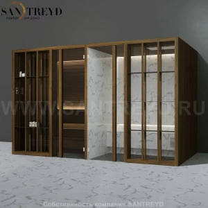 Effegibi YOKU.S SH YO.10310004 Комбинированная баня: хаммам и сауна. Установка: к стене Мощность: 10,5 кВт макс. Размеры: длина 342 см, ширина 170 см. Отделка: чёрный орех и светлый керамогранит