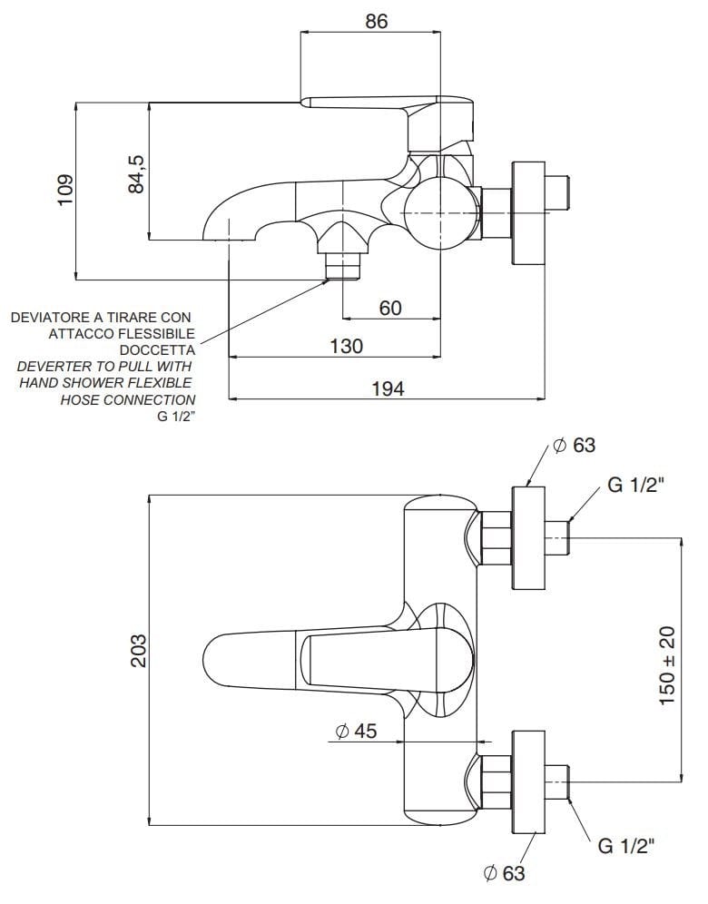 ABS однорычажный настенный смеситель для ванны с 2 отверстиями Rubinetterie Mariani Harmony ARCH-00079467 - Вид №2