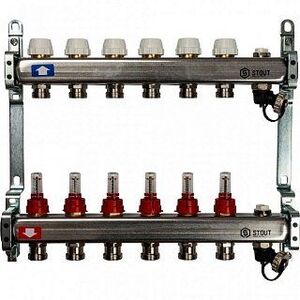Коллектор из нерж. стали на 6 вых. с расходомерами, сливом и клапаном STOUT