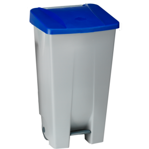 234089 DENOX Контейнер пластиковый серый с ручкой с синей крышкой с педалью на колесах 120 л. Серый с синей крышкой