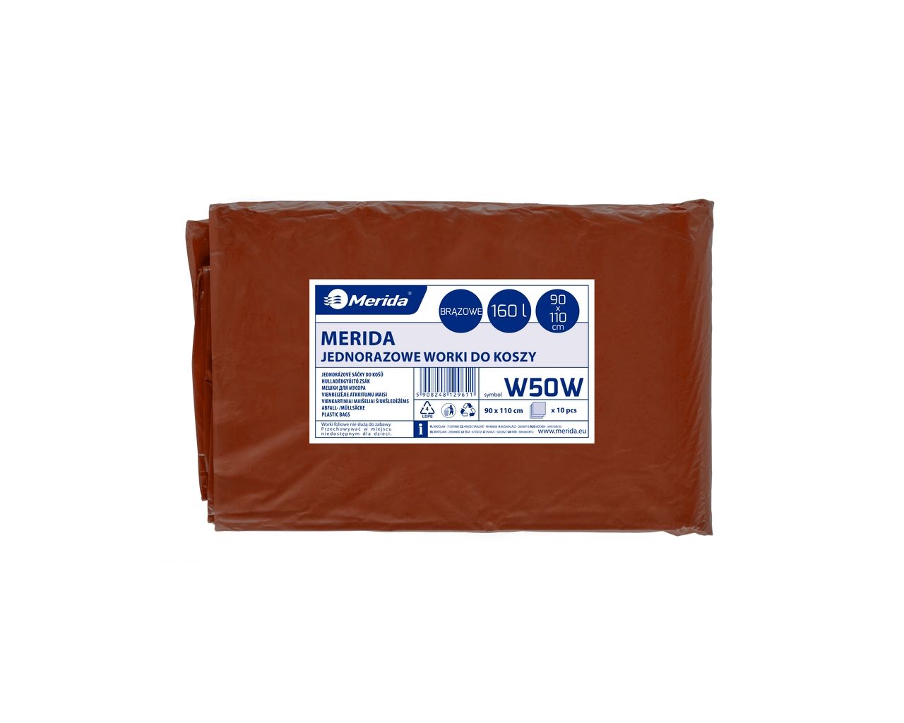 W50W Одноразовые мешки для мусора, 90 x 110 см, вместимость 160 л, 10 шт. в упаковке, КОРИЧНЕВЫЕ, LDPE Merida 
