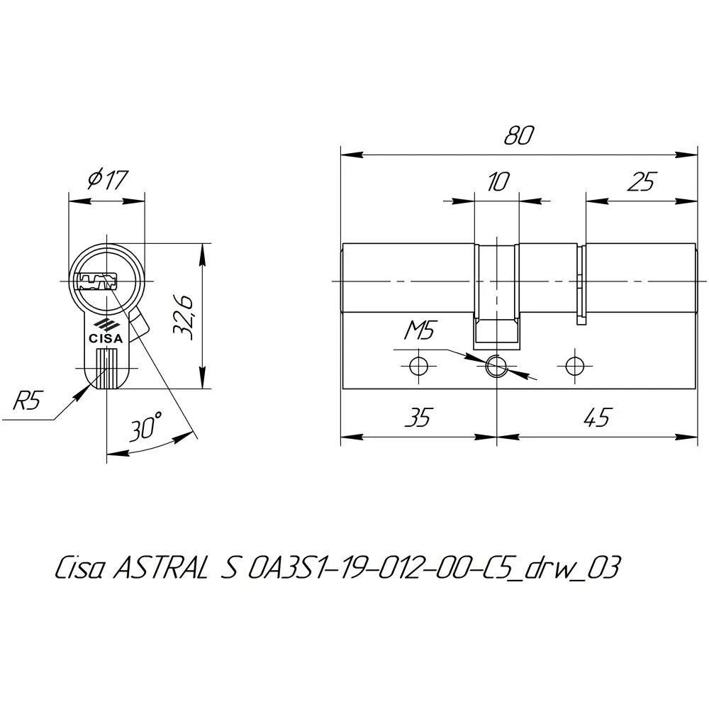 Цилиндр Cisa Astral S ОА3S1-19.12, 30x10x40 мм, ключ/ключ, цвет никель, без вертушки STLM-2003209 - Вид №4
