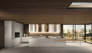 Деревянная и стеклянная кухня без ручек с островом