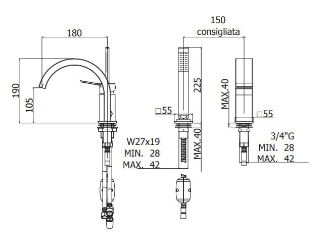 Смеситель для ванны с 2 отверстиями и ручным душем RUBINETTERIA PAFFONI Tilt ARCH-00102902 - Вид №2