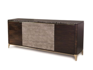 Мебель из дерева и кожи с дверцами, ящиками и мраморной столешницей