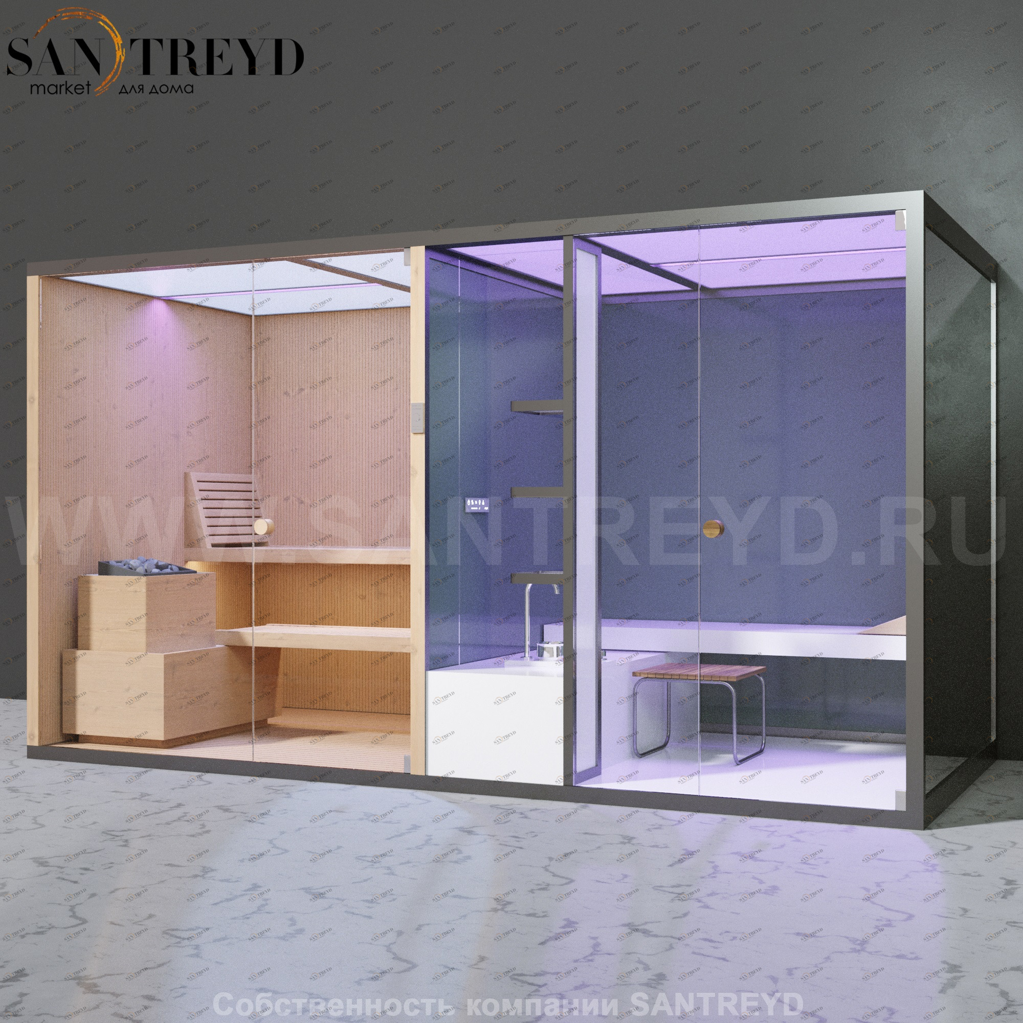 Effegibi BODYLOVE SH BL40130007 Фронтальная комбинированная баня: хаммам и сауна. Установка: к стене. Мощность: 15 кВт макс. Размеры: длина 393 см, ширина 176 см. Отделка: канадский хемлок, гладкое стекло и зеркало.