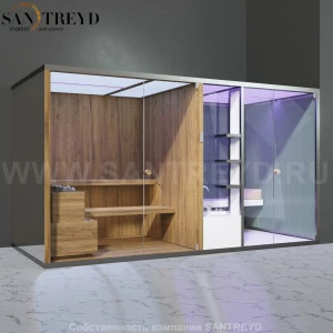 Effegibi BODYLOVE SH BL40240003 Фронтальная комбинированная баня: хаммам и сауна. Установка: в правый угол. Мощность: 15 кВт макс. Размеры: длина 393 см, ширина 176 см. Отделка: термообработанная древесина, трубчатое стекло и зеркало.
