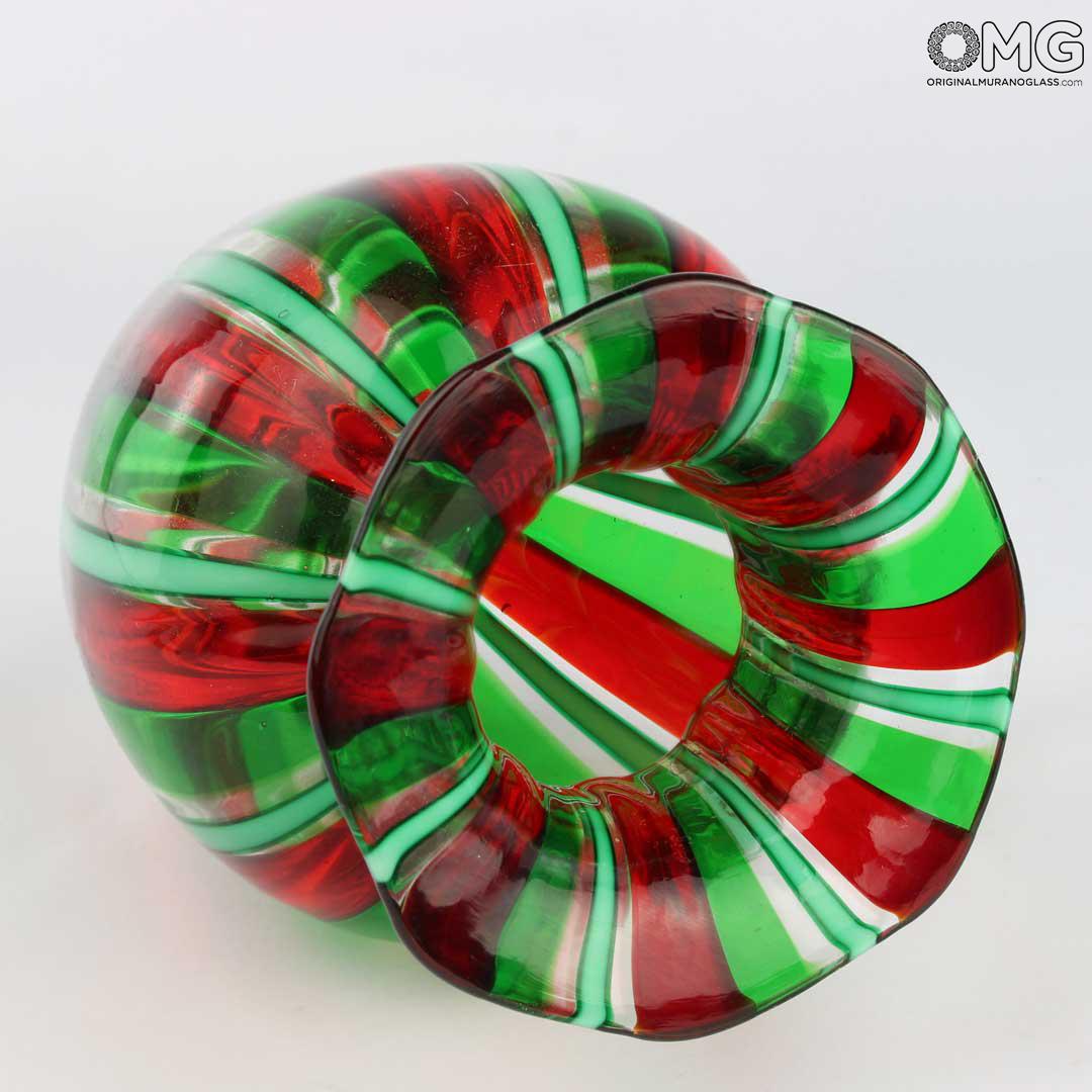 3764 ORIGINALMURANOGLASS Ваза в красно-зелёную полоску из муранского стекла - Original Murano Glass OMG 11 см  - Вид №1