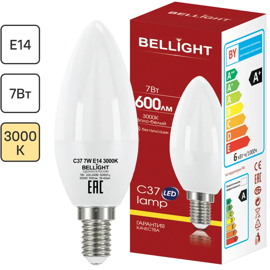 Светодиодная лампа BELLIGHT E14 свеча 7Вт теплый свет для экономного освещения 86170883