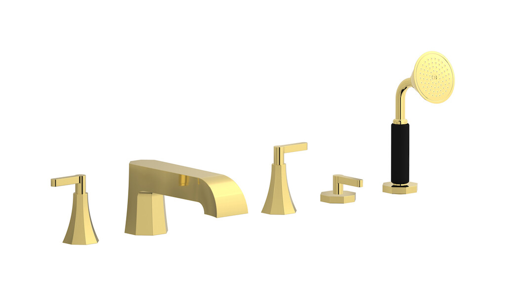 Смеситель на бортик ванной на 5 отверстий с дивертером и душевым гарнитуром. WE ARE IB bl396oo Gold Belmondo 