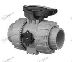 SANIT 672029 2-ходовой шаровой кран d 16-63, ВКД DualBlock®, ПВХ-С, розетка растворителя, безопасность рычаг 