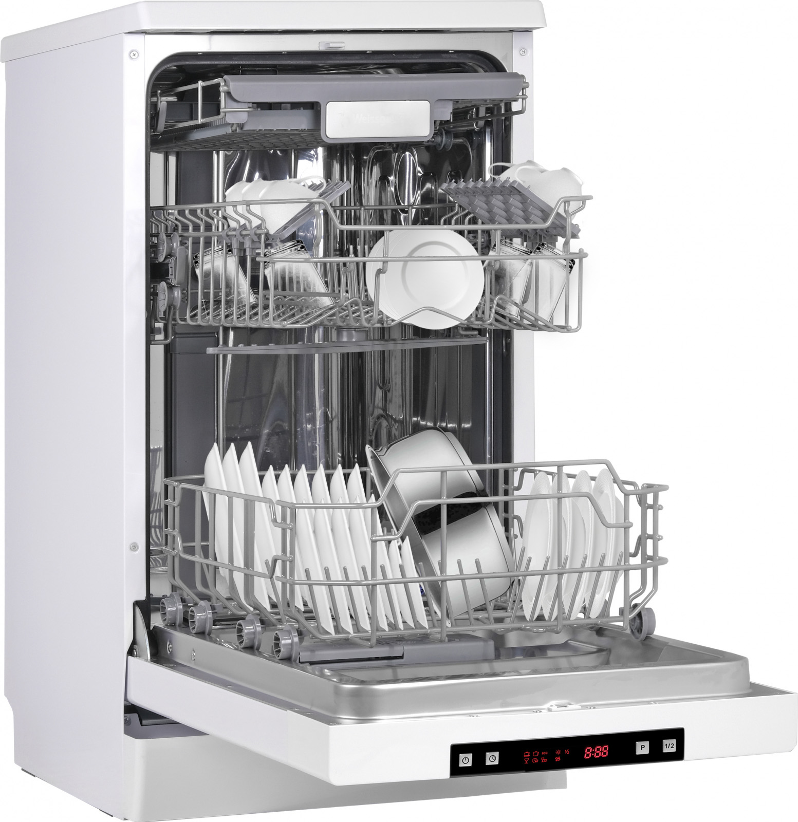 DW 4035 Узкая отдельностоящая посудомоечная машина, 45см, 10 комплектов, 6 программ, 1/2 загрузка, дисплей, защита от протечек, расход 9л, белая Weissgauff Santreyd  - Вид №3