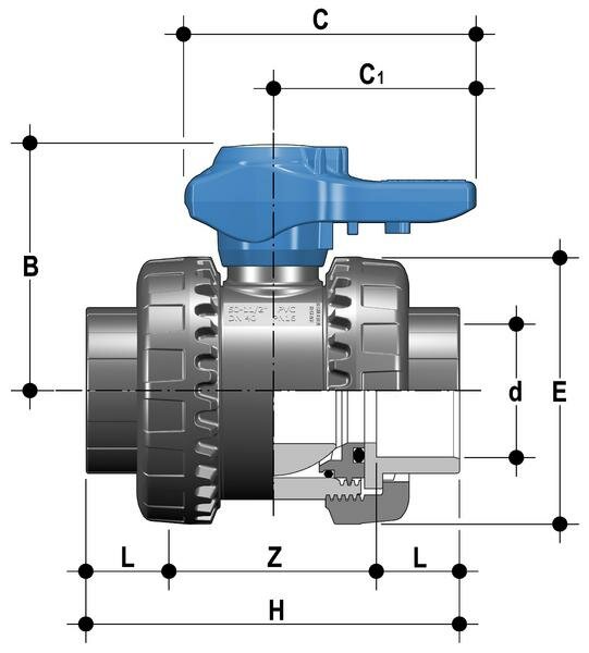 SANIT 121551020040 2-ходовой шаровой кран d16-63, ВЭЛ-Easyfit, PVC-U, клей рукав, EPDM  - Вид №1