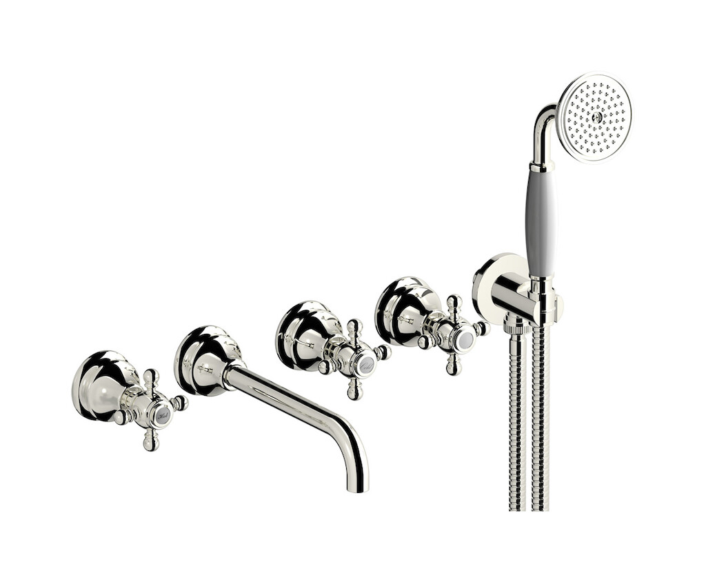 Настенный смеситель для ванной на 5 отверстий с дивертером и душевым гарнитуром. WE ARE IB hr398pl Platinum Hermes
