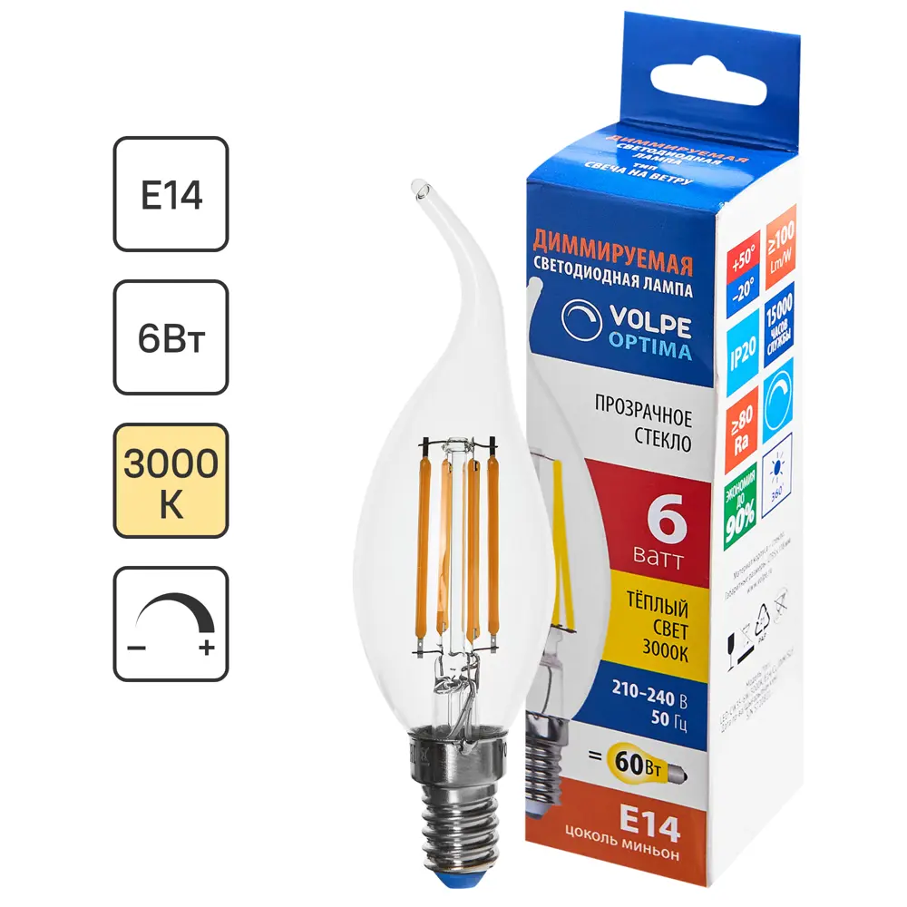 Лампа Volpe Е14 6 Вт DIM свеча 600 Лм теплый свет STLM-2196891