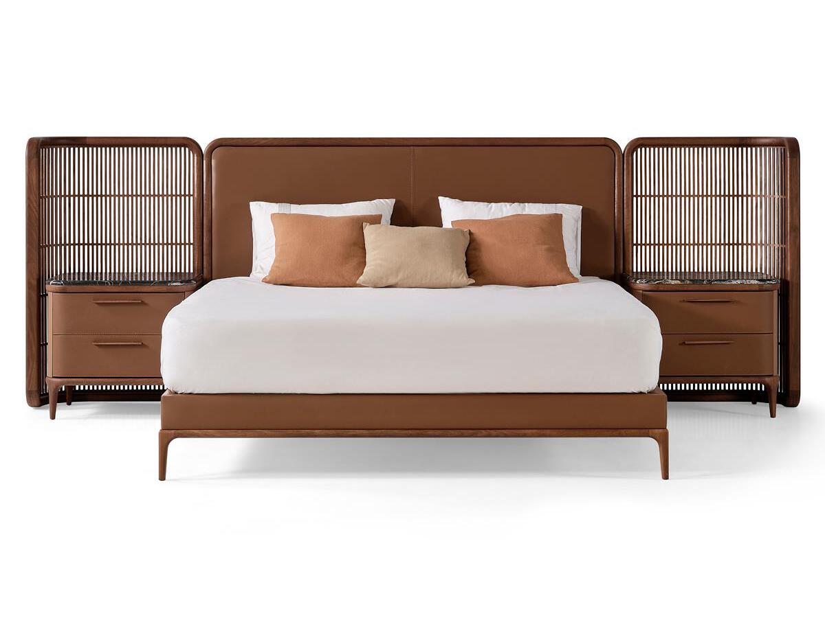 Двуспальная кровать из кожи и дерева Mobi груша ARCH-00039179