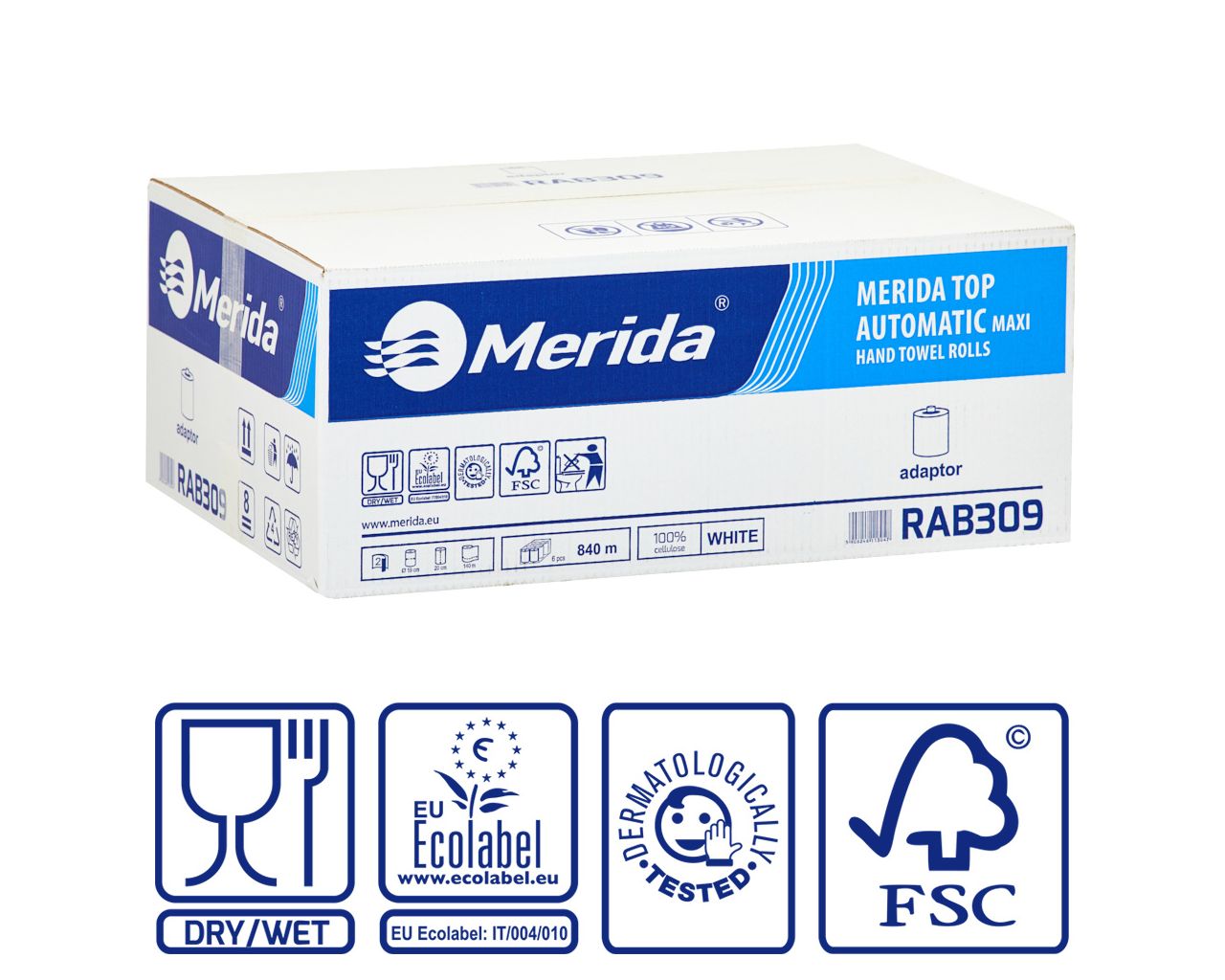 RAB309 Бумажные полотенца в рулоне с адаптером TOP AUTOMATIC MAXI, белые, диаметр 19 см, длина 140 м, двухслойные, 6 рулонов в коробке Merida 