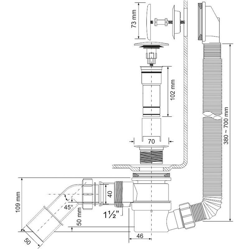 Слив-перелив McALPINE L=330 х 700 х 34 мм, гидрозатвор 50 мм, выход 40/50 мм MRB11 - Вид №1